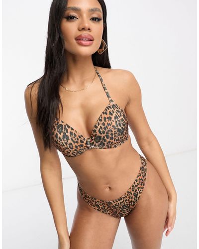 ASOS – mix and match – geformtes bügel-bikinioberteil mit leopardenmuster, neckholder und zierknoten vorne - Mehrfarbig