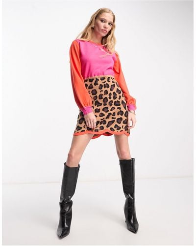 Never Fully Dressed – langärmliges minikleid mit kontrastierendem leopardenprint - Rot