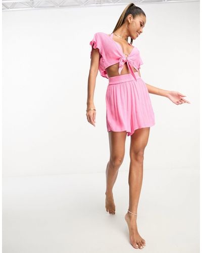 South Beach Cropped Tie-front Top And Shorts Set - Pink