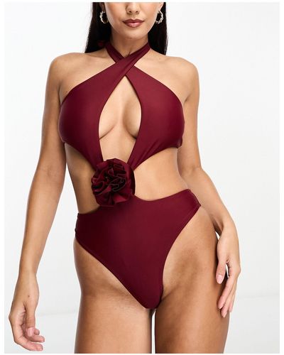 Candypants Cross Front Cut Out Swimsuit With Corsage Detail - Red