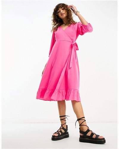 ONLY Puff Sleeve Wrap Midi Dress - Pink