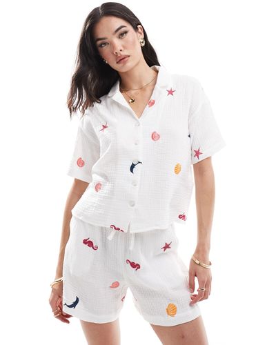 Pieces Embroidered Sea Shell Shirt Co-ord - White