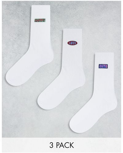 ASOS 3pk Sock With Love Embroidery - White