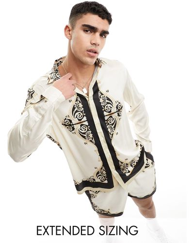 ASOS – locker geschnittenes satinhemd mit barockem bordürenmuster, kombiteil - Weiß