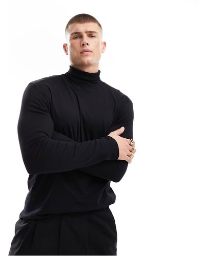 Jack & Jones Premium - maglietta a maniche lunghe con collo alto nera - Nero