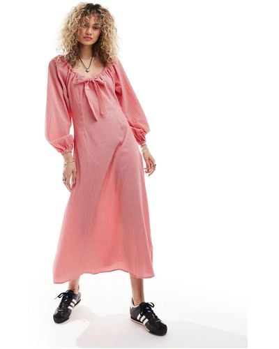 Glamorous Bow Detail Long Sleeve Midi Smock Dress - Pink