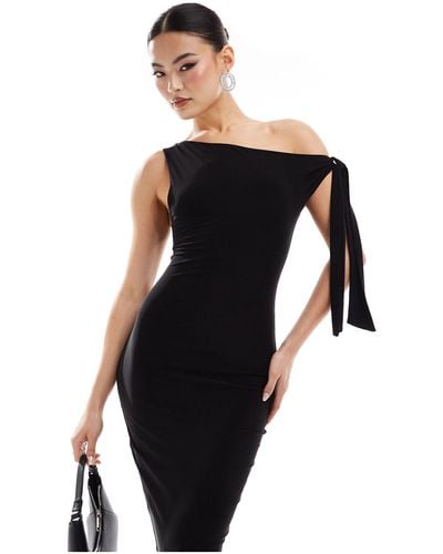 Missy Empire Slinky Asymmetric Tie Shoulder Detail Bodycon Midi Dress - Black