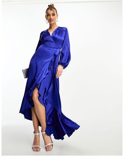 Flounce London Long Sleeve Wrap Maxi Dress - Blue