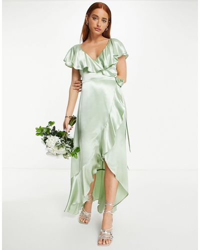 TOPSHOP Bridesmaid Satin Frill Wrap Dress - Green