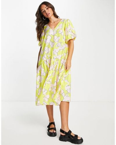 Y.A.S Puff Sleeve Smock Midi Dress - Multicolour