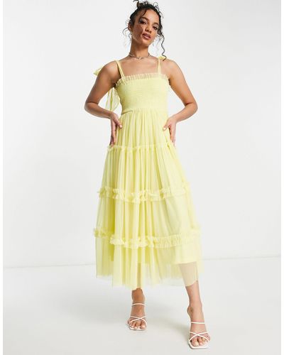 LACE & BEADS Tie Shoulder Tiered Midi Tulle Dress - Yellow