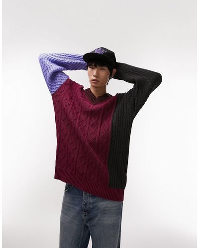 TOPMAN Knit V-neck Jumper With Mix Stitch - Red