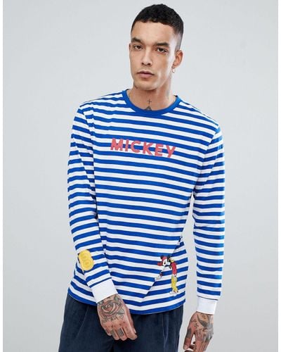 ASOS Asos Mickey Stripe Relaxed Long Sleeve T-shirt With Cuff And Hem Print - Blue