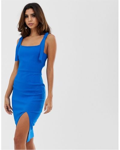 Vesper – Figurbetontes Kleid mit eckigem Ausschnitt und Vorderschlitz - Blau