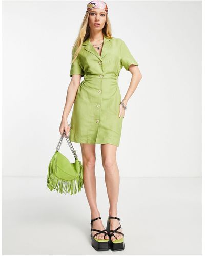 Bershka Vestito sartoriale color lime con cut-out arricciato - Verde