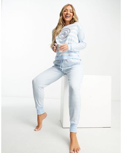 Lauren by Ralph Lauren – gestreiftes lounge-set mit jogginghose und shirt mit rundhalsausschnitt - Blau