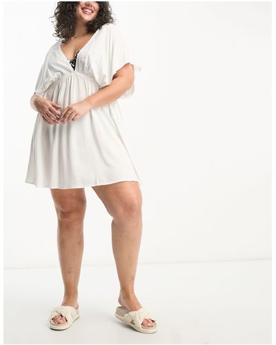 ASOS Asos Design Curve Flutter Sleeve Mini Beach Dress With Channeled Tie Waist - White