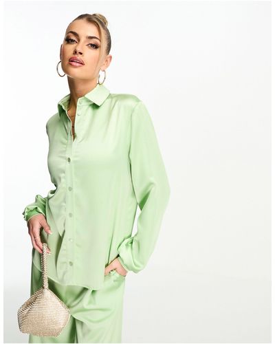 Flounce London Satin Button Up Shirt - Green
