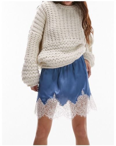 TOPSHOP Satin Lace Petticoat Mini Skirt With Bow Detail - Blue
