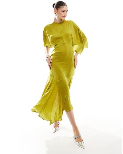 ASOS Satin Flutter Sleeve Asymmetric Hem Midi Dress - Yellow