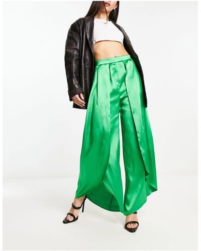 River Island Co-ord Wrap Over Wide Leg Satin Trouser - Green