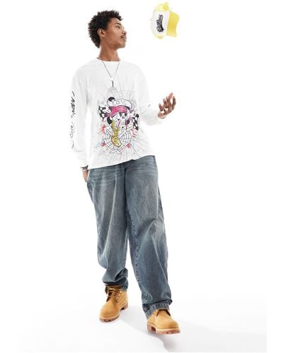 Ed Hardy Long Sleeve Skater T-shirt With Mix Graphics - White