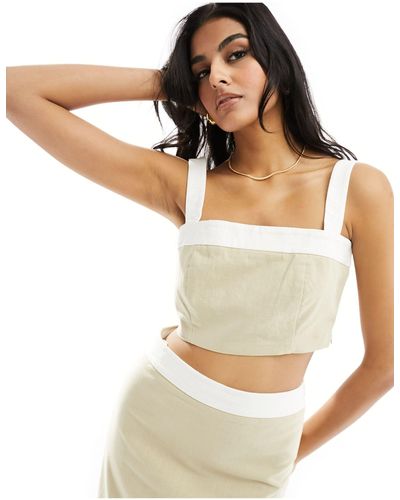 4th & Reckless Linen Look Contrast Trim Cami Crop Top Co-ord - White