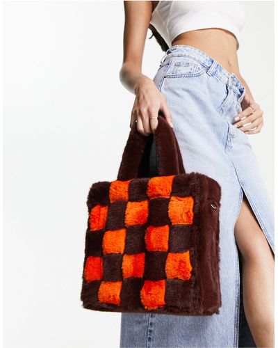 Jayley Faux Fur Check Structured Tote Bag - Orange