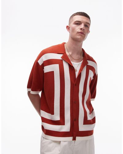 TOPMAN Stripe Panel Knitted Polo - Red