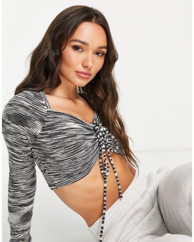 Lost Ink Crop Top With Drawstring Front - Grey