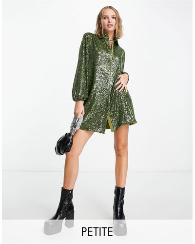 Flounce London Mini Metallic Sparkle Shirt Dress - Green