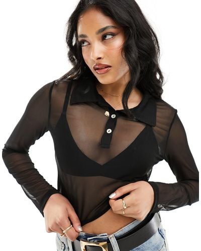 Pieces Long Sleeved Mesh Polo Top - Black