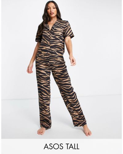 ASOS Asos Design Tall Modal Zebra Print Shirt & Trouser With Jacquard Elastic Waistband Pajama Set - Brown