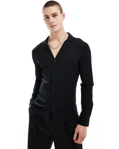 ASOS Muscle Fit Viscose Shirt With Deep Revere Collar - Black