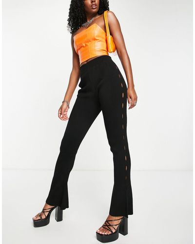Fashionkilla Flared Rib Trouser With Cut Out Sides - Black