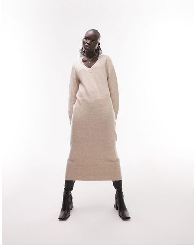 Topshop Unique Robe longue en maille côtelée à col v - neutre