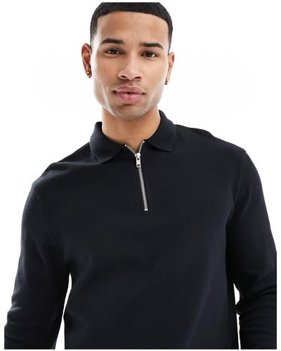 ASOS Long Sleeved Waffle Polo With Zip - Black