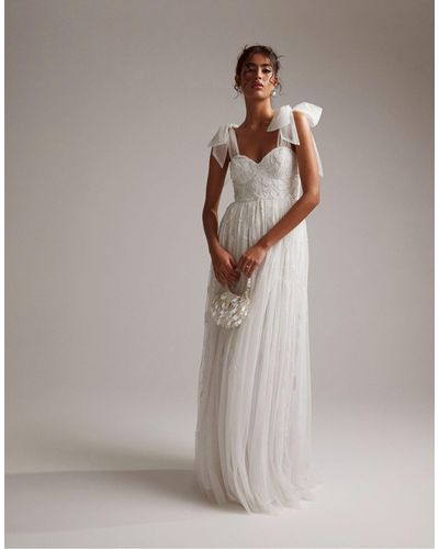 ASOS Mila Floral Embellished Mesh Wedding Dress With Tie Straps - Grey