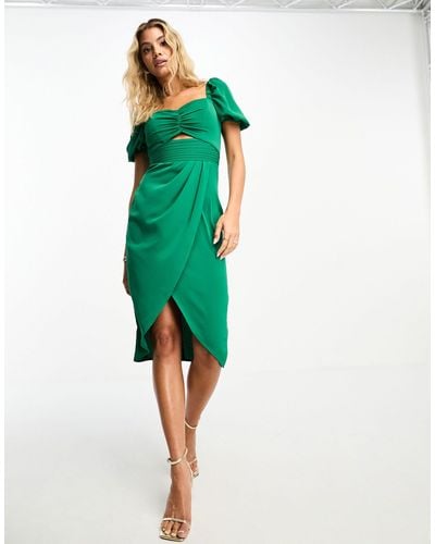 Lipsy Puff Sleeve Cut Out Waist Wrap Skirt Midi Dress - Green