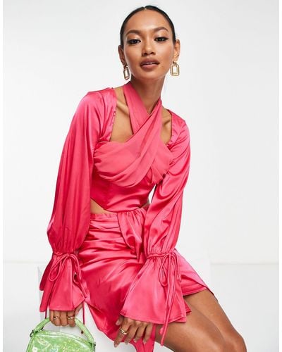 EI8TH HOUR Flare Sleeve Satin Corset Top Co-ord - Pink
