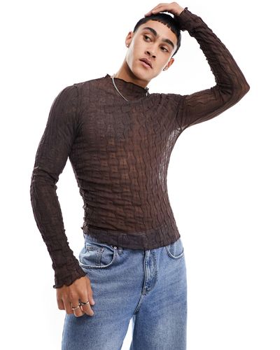 ASOS T-shirt moulant à manches longues avec col montant en tissu texturé transparent - marron