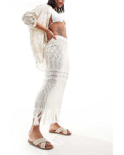 Miss Selfridge Beach Crochet Fringe Detail Maxi Skirt - White
