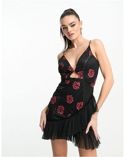 LACE & BEADS Exclusive Heart Cut-out Tulle Mini Dress - Black