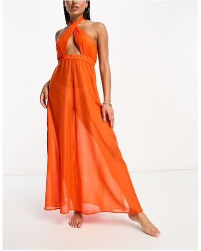 Vero Moda Cross Over Halterneck Beach Maxi Dress - Orange