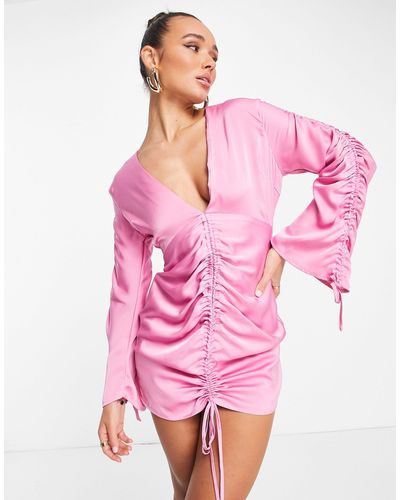 Lola May Satin Ruched Mini Dress With Ties - Pink