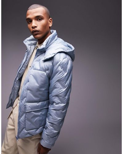 TOPMAN Puffer Jacket With Hood - Blue