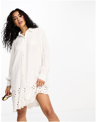 Accessorize Long Sleeve Shirt Summer Dress With Broidery Hem - White