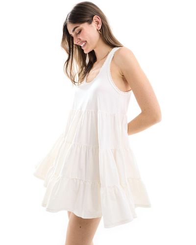 Miss Selfridge Acid Wash Smock Mini Dress With Lace Trim Detail - White