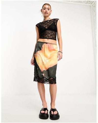 Collusion Abstract Print Midi Slip Skirt - Natural