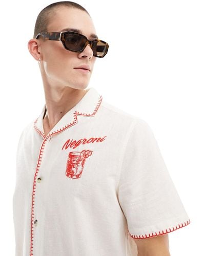 ASOS Relaxed Revere Shirt With Text Embroidery - White
